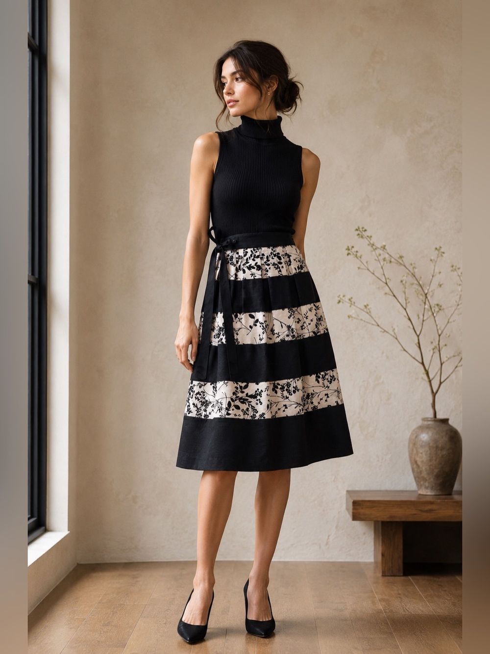 Black & Ivory Botanical Tie Waist A-Line Midi Skirt US S
